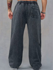 YOUNGLA Men's Acid Wash Gothic Cut-Out Appliqué Wide Leg Sweatpants