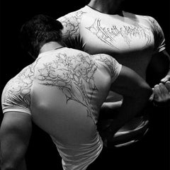 YoungLA White Tribal Tattoo Back Compression Shirt | Skin-Tight Gym Pump Cover