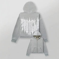 YOUNGLA- Grey Gothic Back Graphic Full-Zip Hoodie