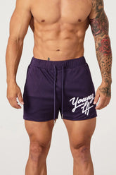 YoungLA Dark Purple Script Logo Gym Shorts