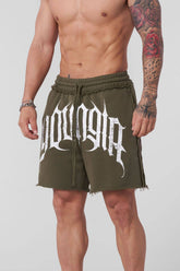 YoungLA Olive Gothic Distressed Gym Shorts