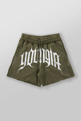 YoungLA Olive Gothic Distressed Gym Shorts