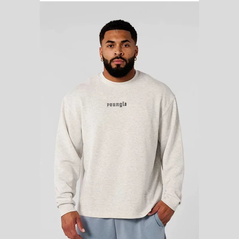 YOUNGLA- Light Oatmeal Grey Oversized Long-Sleeve Sweatshirt