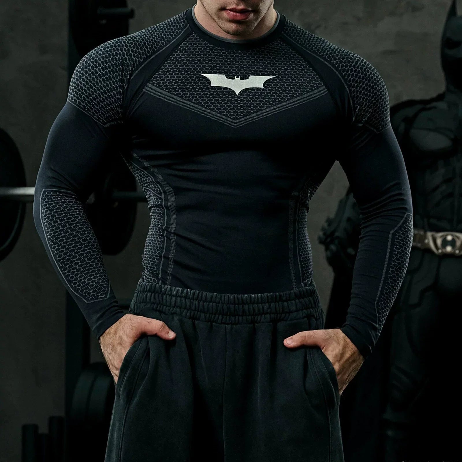 YOUNGLA Men's Superhero Honeycomb Armor Compression Long Sleeve Shirt Black