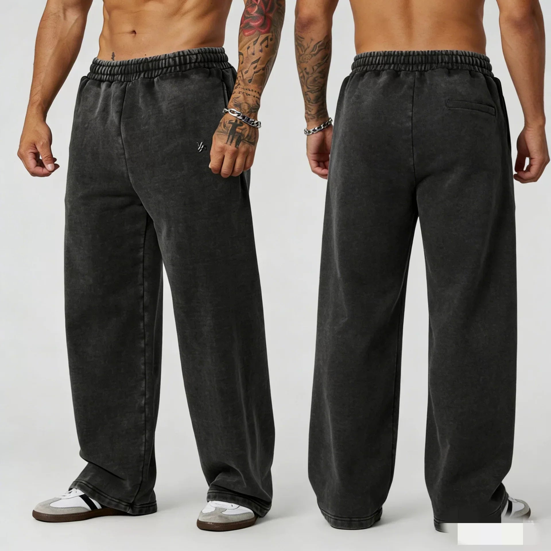 YOUNGLA Men's Arched Collegiate Acid Wash Wide Leg Sweatpants
