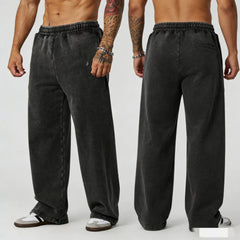 YOUNGLA Men's Arched Collegiate Acid Wash Wide Leg Sweatpants