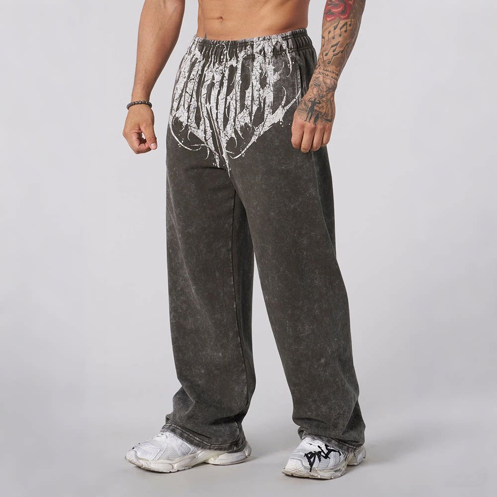 YOUNGLA Men's Gothic Graphic Acid Wash Wide Leg Sweatpants