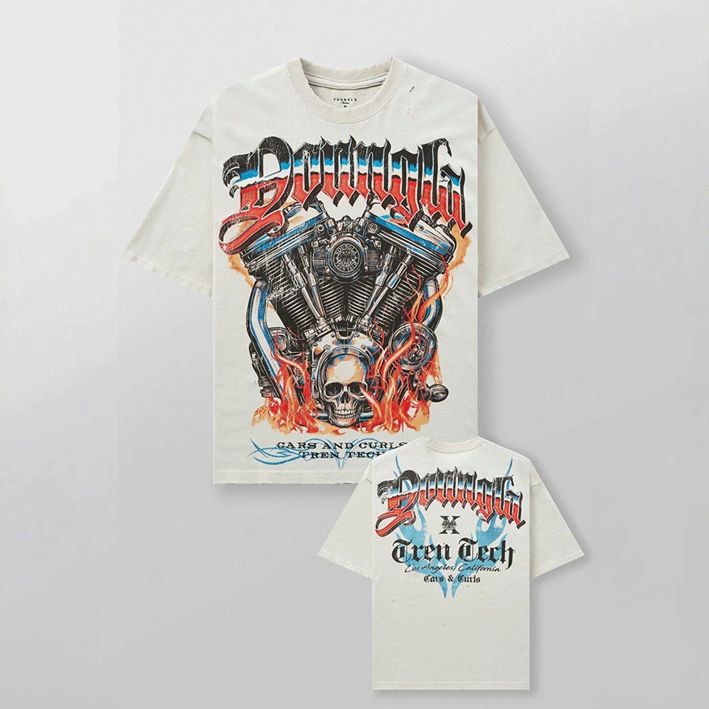 YoungLA Heavyweight Acid Wash Oversized Tee – Mechanical V-Twin Engine Off-White Graphic