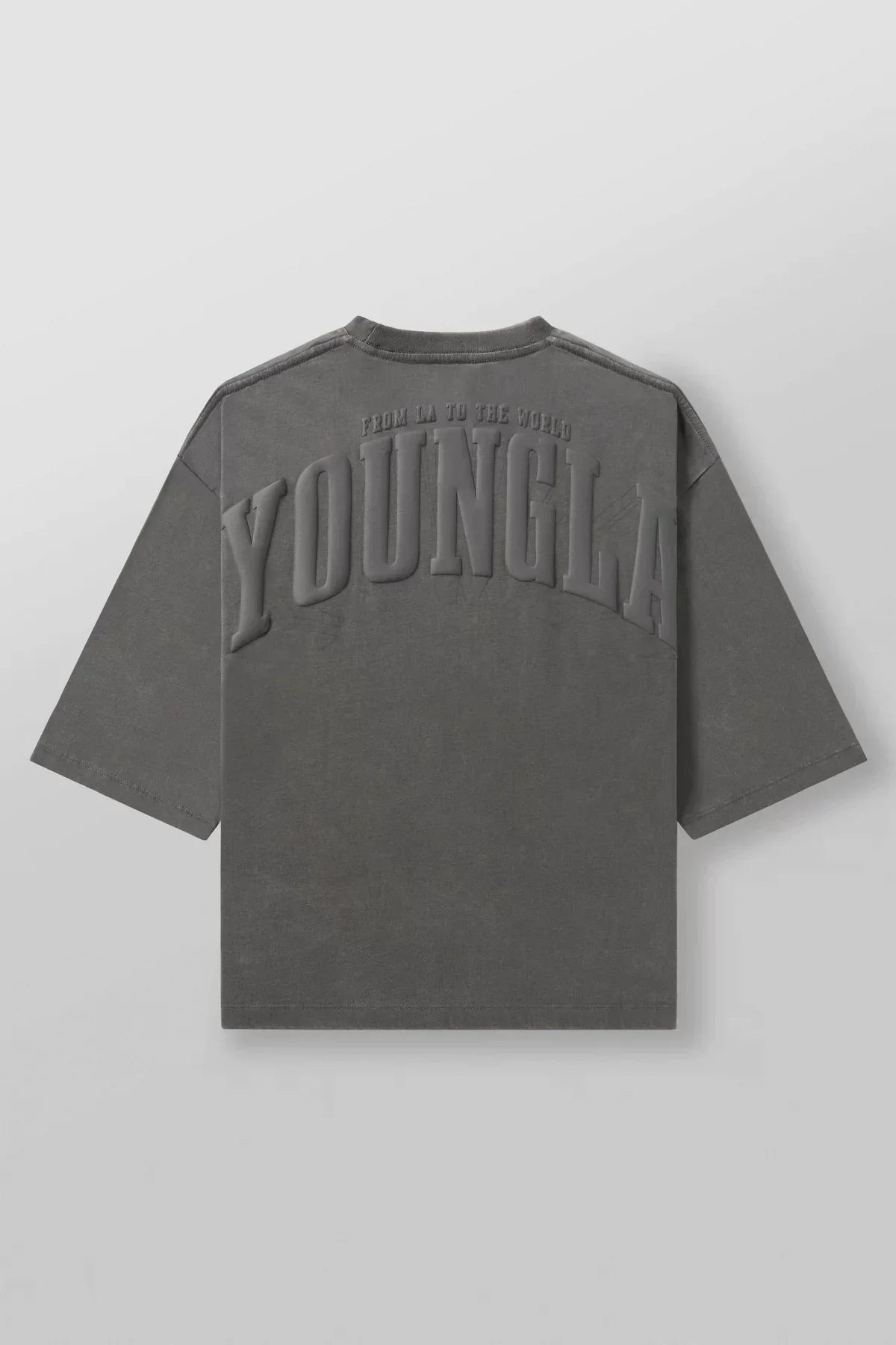 YoungLA Washed Dark Grey 3D Embossed Arch Logo Oversized Shirt | Heavy Cotton Gym Pump Cover
