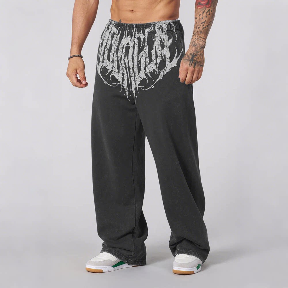 YOUNGLA Men's Gothic Graphic Acid Wash Wide Leg Sweatpants