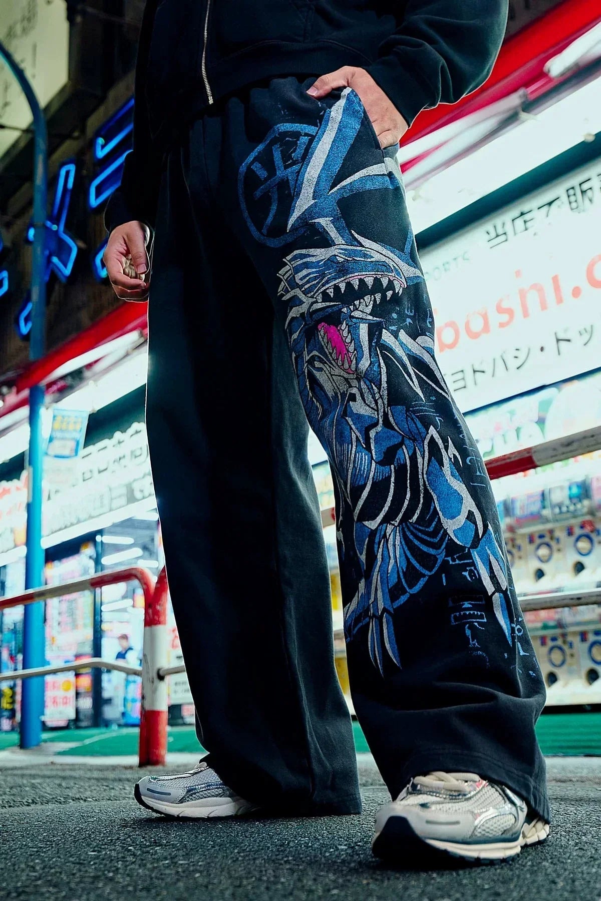 YOUNGLA Men's Cyber Dragon Graphic Wide Leg Sweatpants