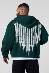 YOUNGLA- Dark Green Graphic Zip-Up Hoodie Sweatshirt