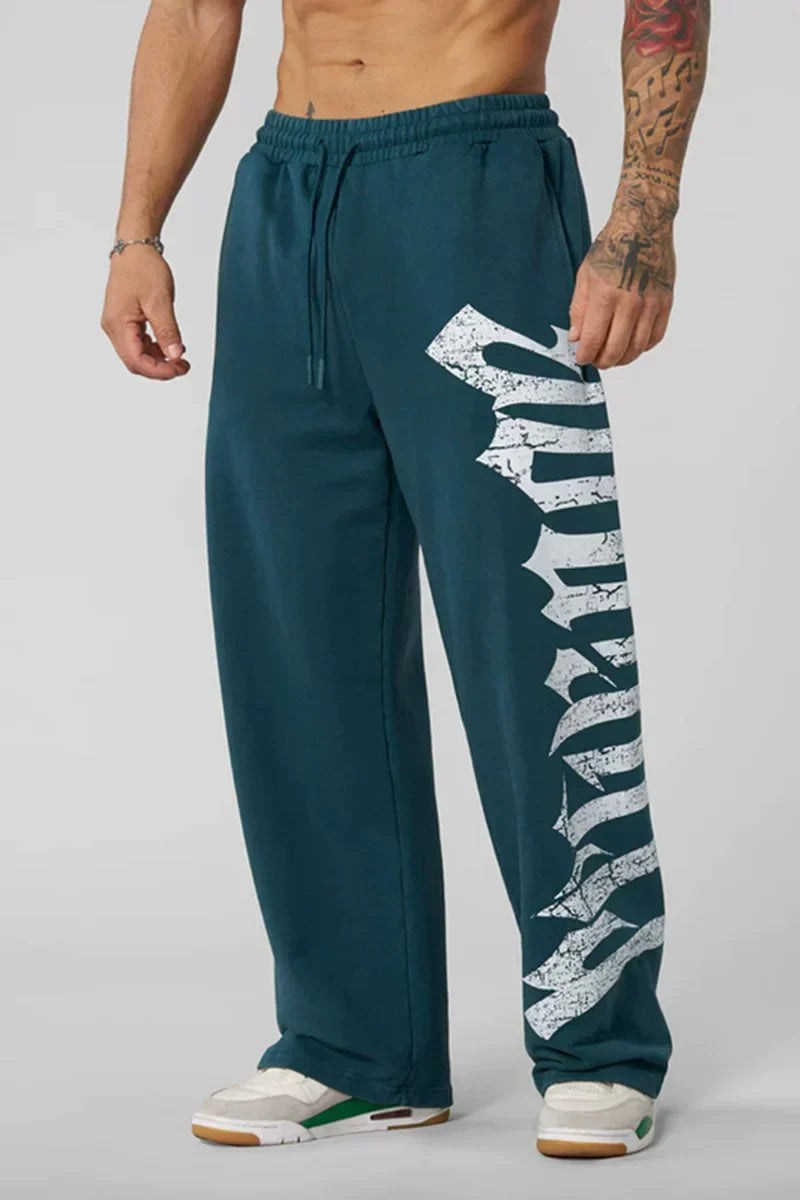 YOUNGLA Men's Oversized Gothic Letter Patchwork Wide Leg Sweatpants