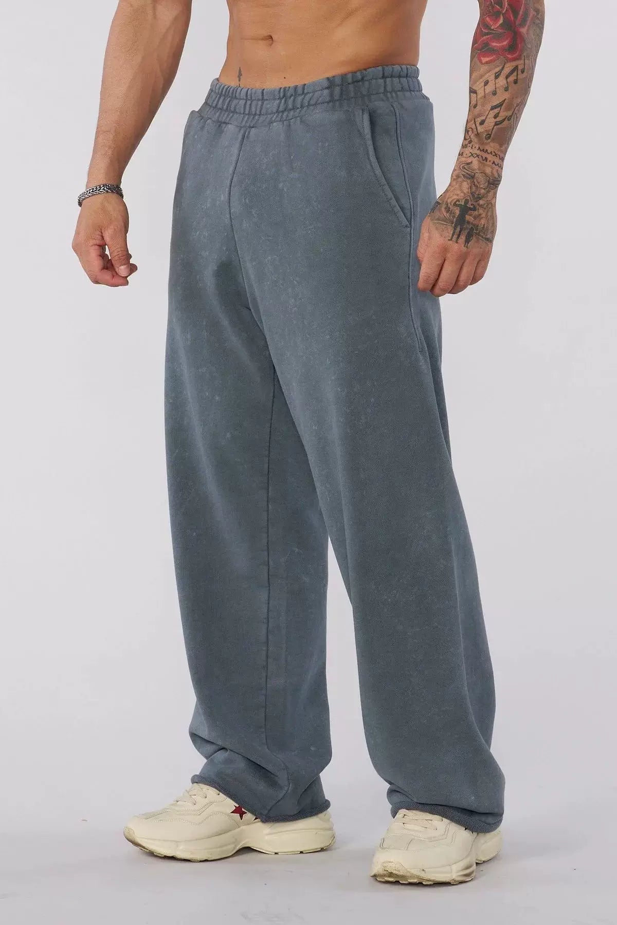 YOUNGLA Men's Arched Collegiate Logo & Blank Acid Wash Wide Leg Sweatpants