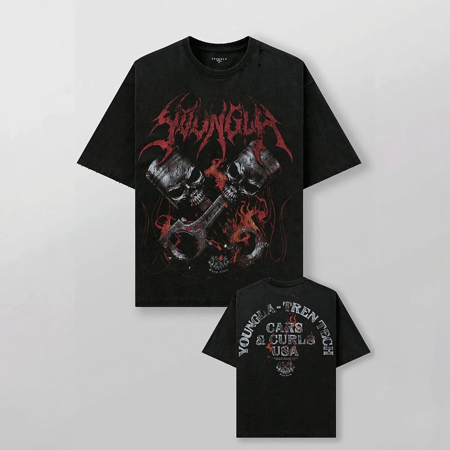 YoungLA Heavyweight Acid Wash Oversized Tee – Mechanical Piston Skull Graphic