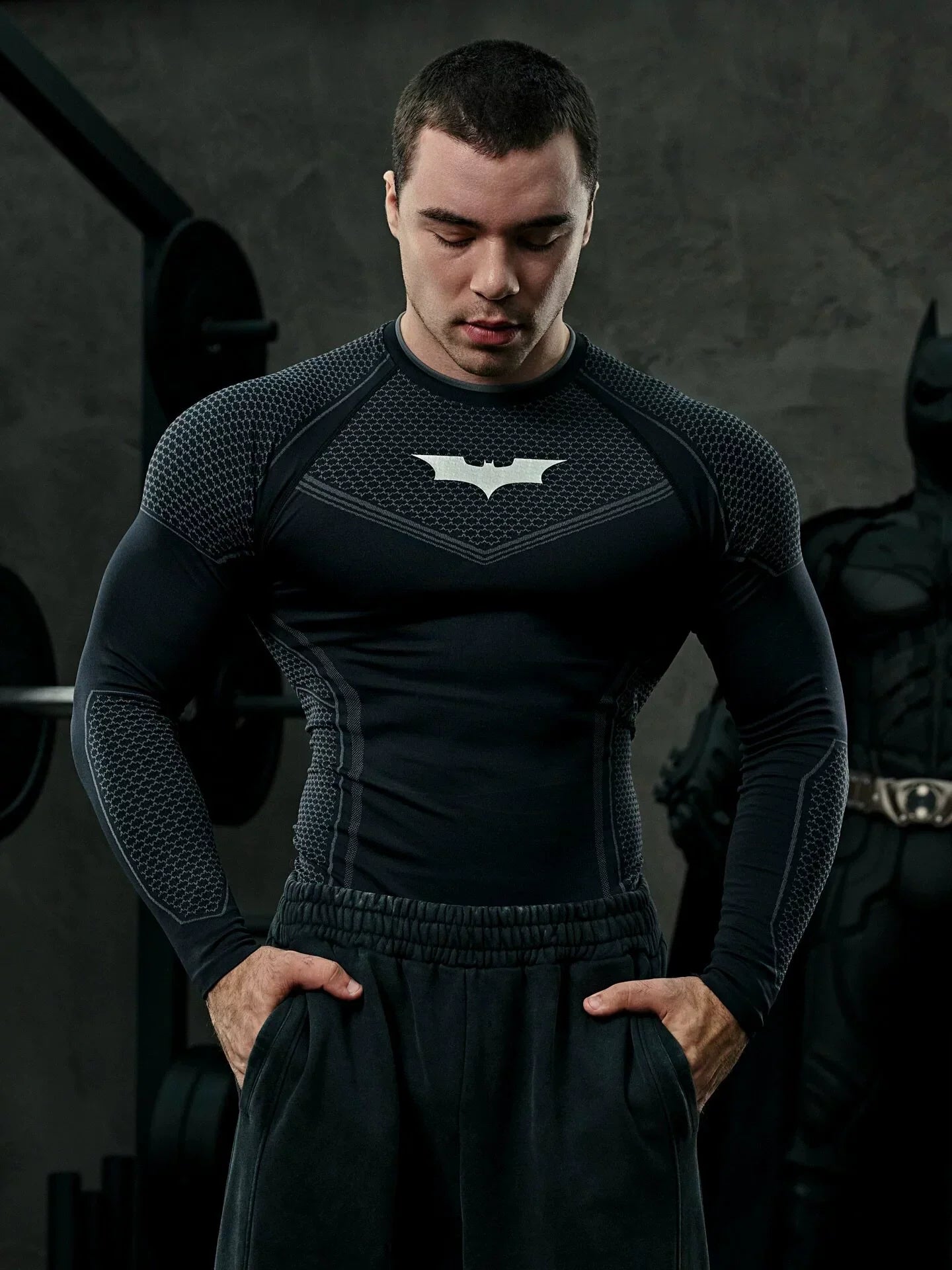 YOUNGLA Men's Superhero Honeycomb Armor Compression Long Sleeve Shirt Black