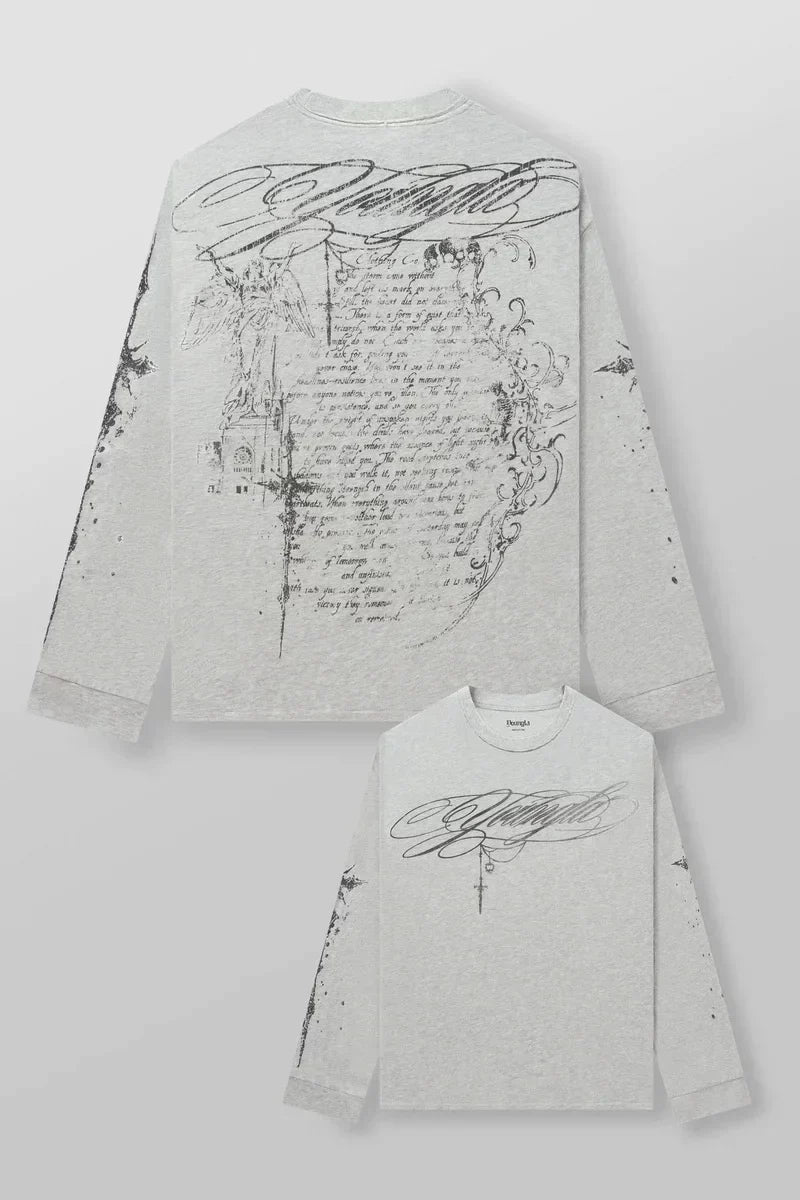 YOUNGLA Men's Gothic Calligraphy Script Long Sleeve Tee