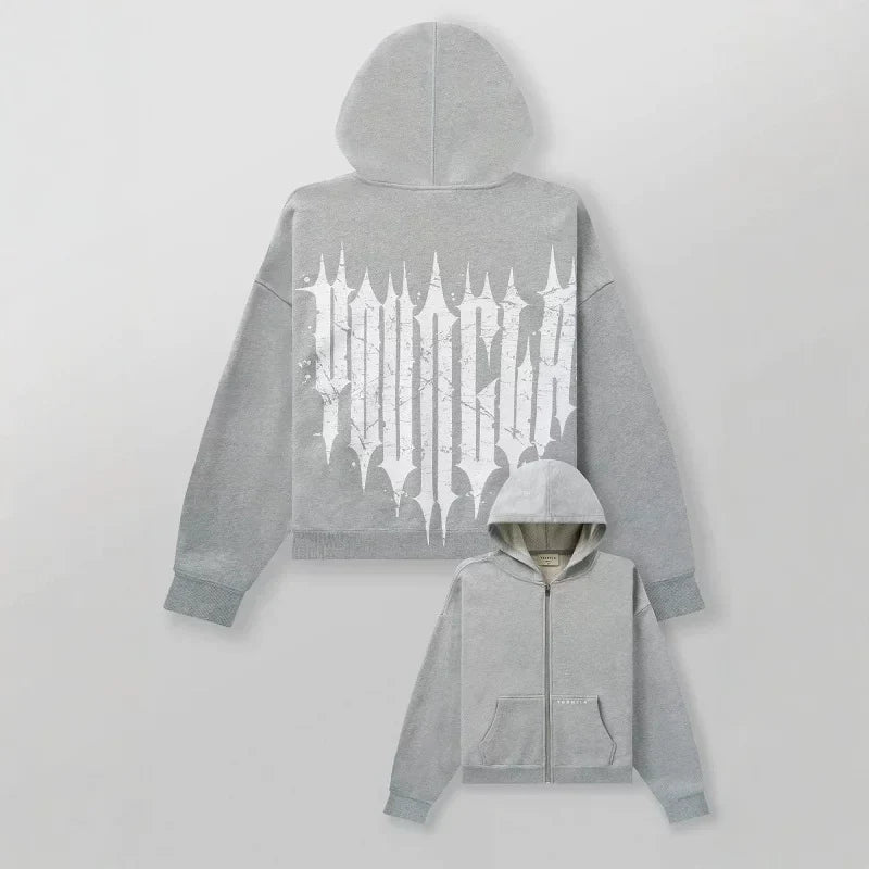 YOUNGLA- Grey Gothic Back Graphic Full-Zip Hoodie