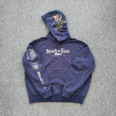 YOUNGLA- Washed Navy Attack on Titan Anime Graphic Pullover Hoodie