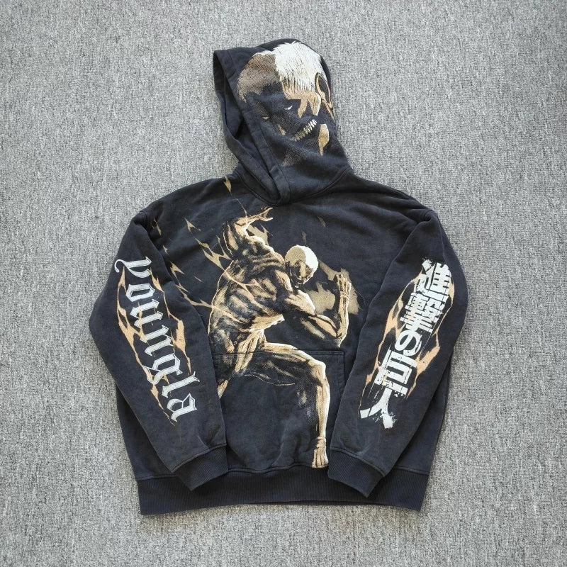 YOUNGLA- Washed Black Attack on Titan Graphic Pullover Hoodie