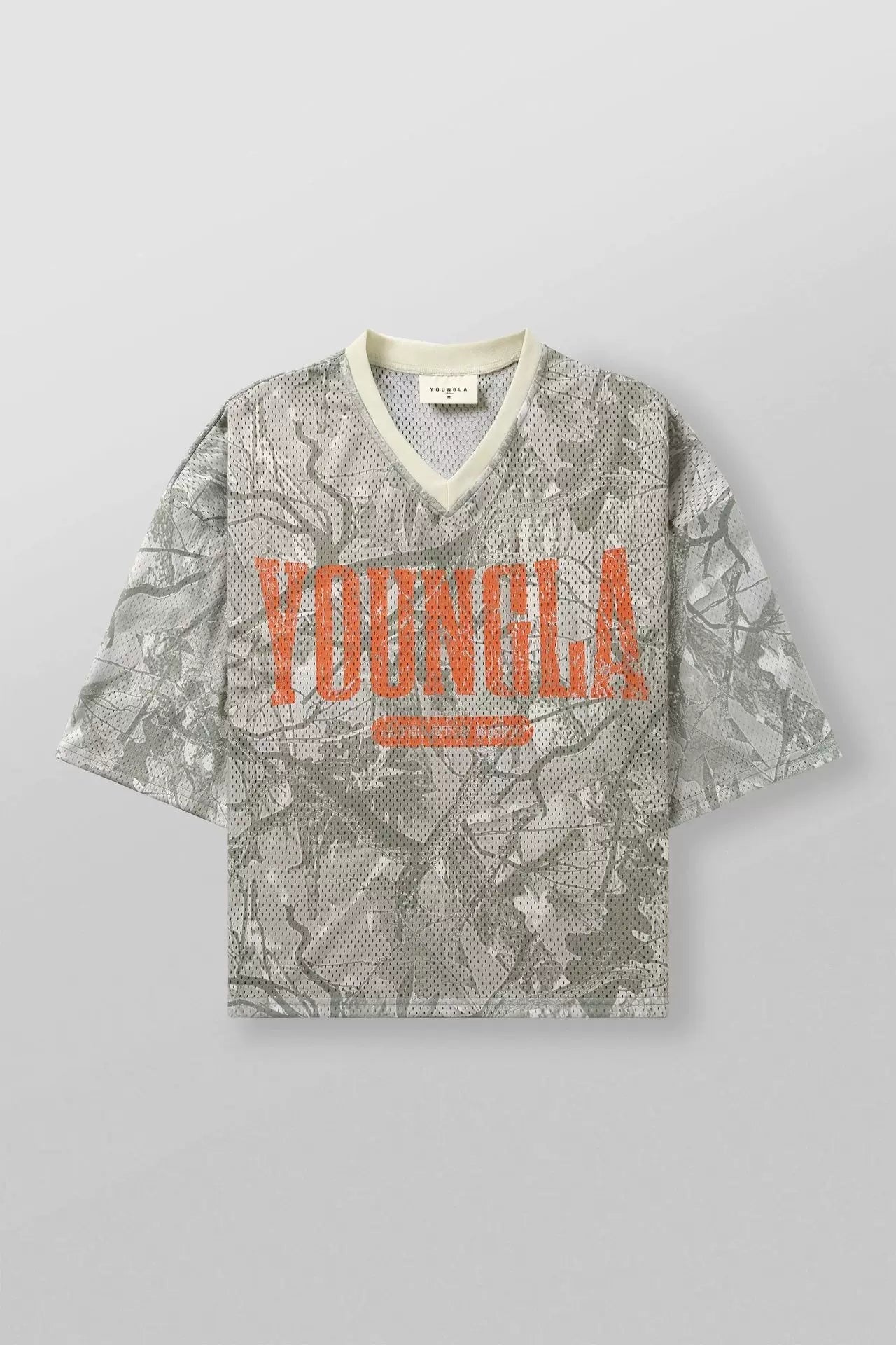 YoungLA Grey Camo Oversized V-Neck Mesh Jersey – Orange Distressed Graphic