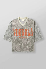YoungLA Grey Camo Oversized V-Neck Mesh Jersey – Orange Distressed Graphic