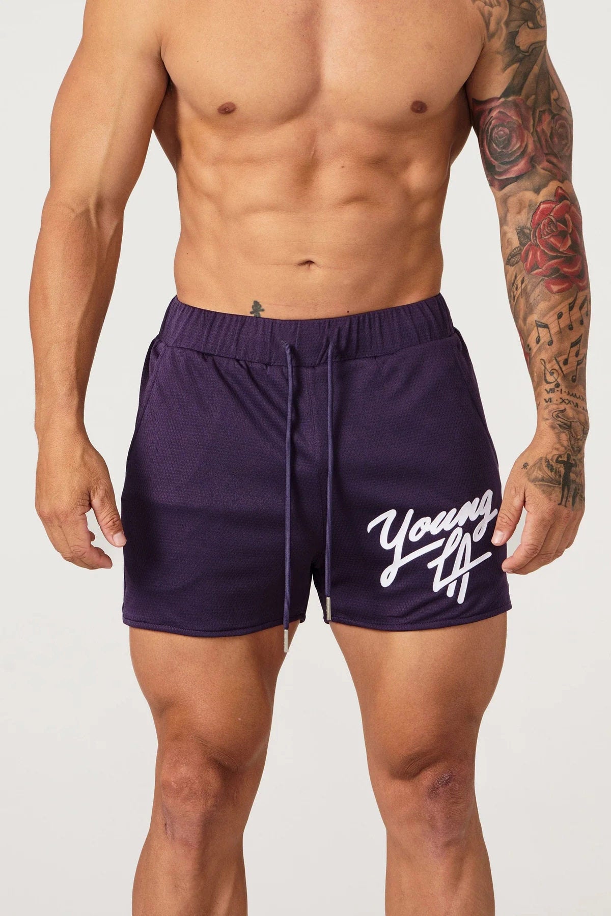 YoungLA Dark Purple Script Logo Gym Shorts