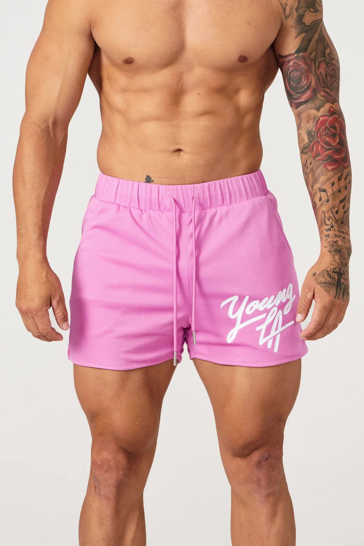 YoungLA Bright Pink Script Logo Gym Shorts