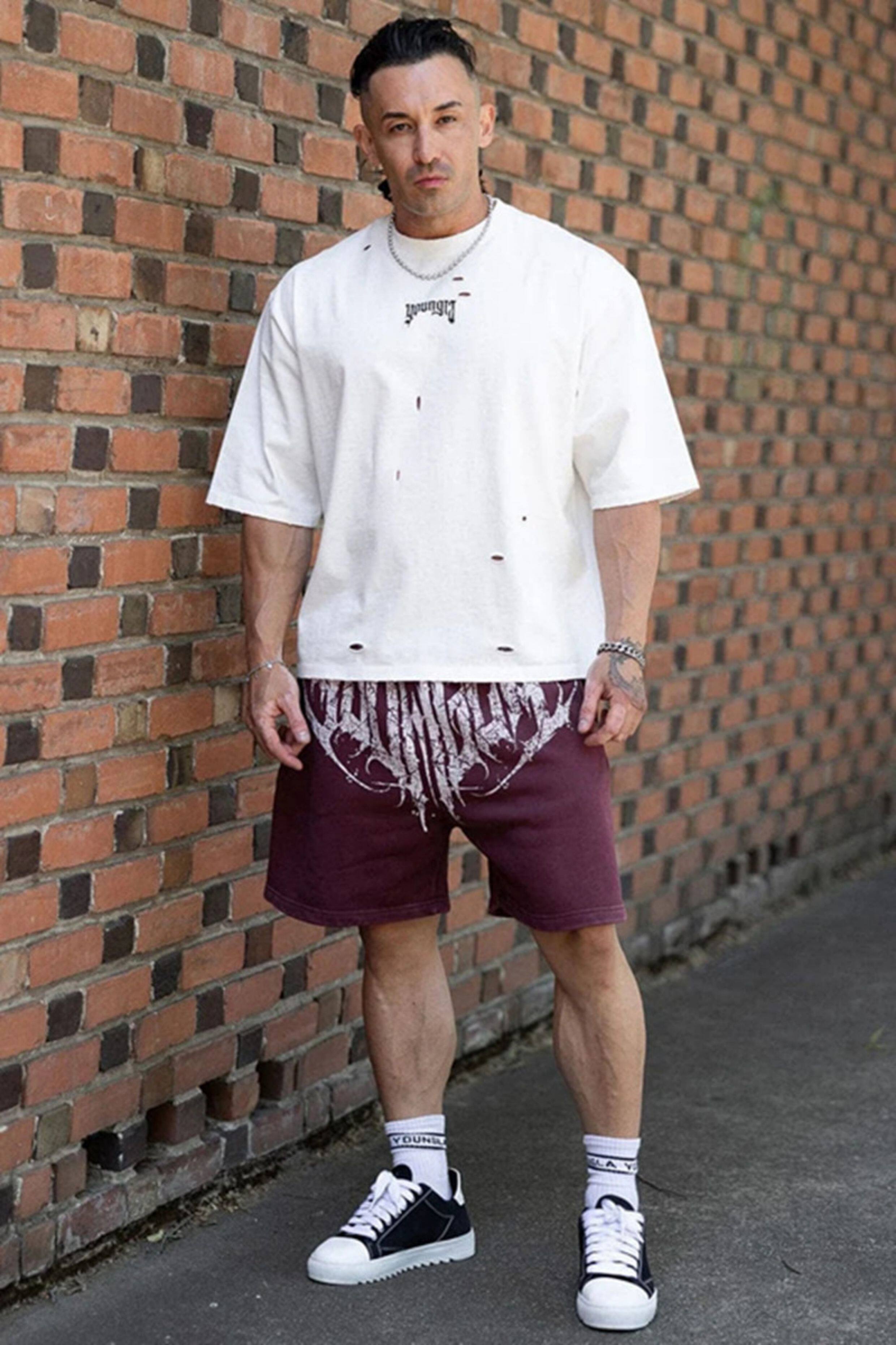 YoungLA Burgundy Gothic Script Gym Shorts