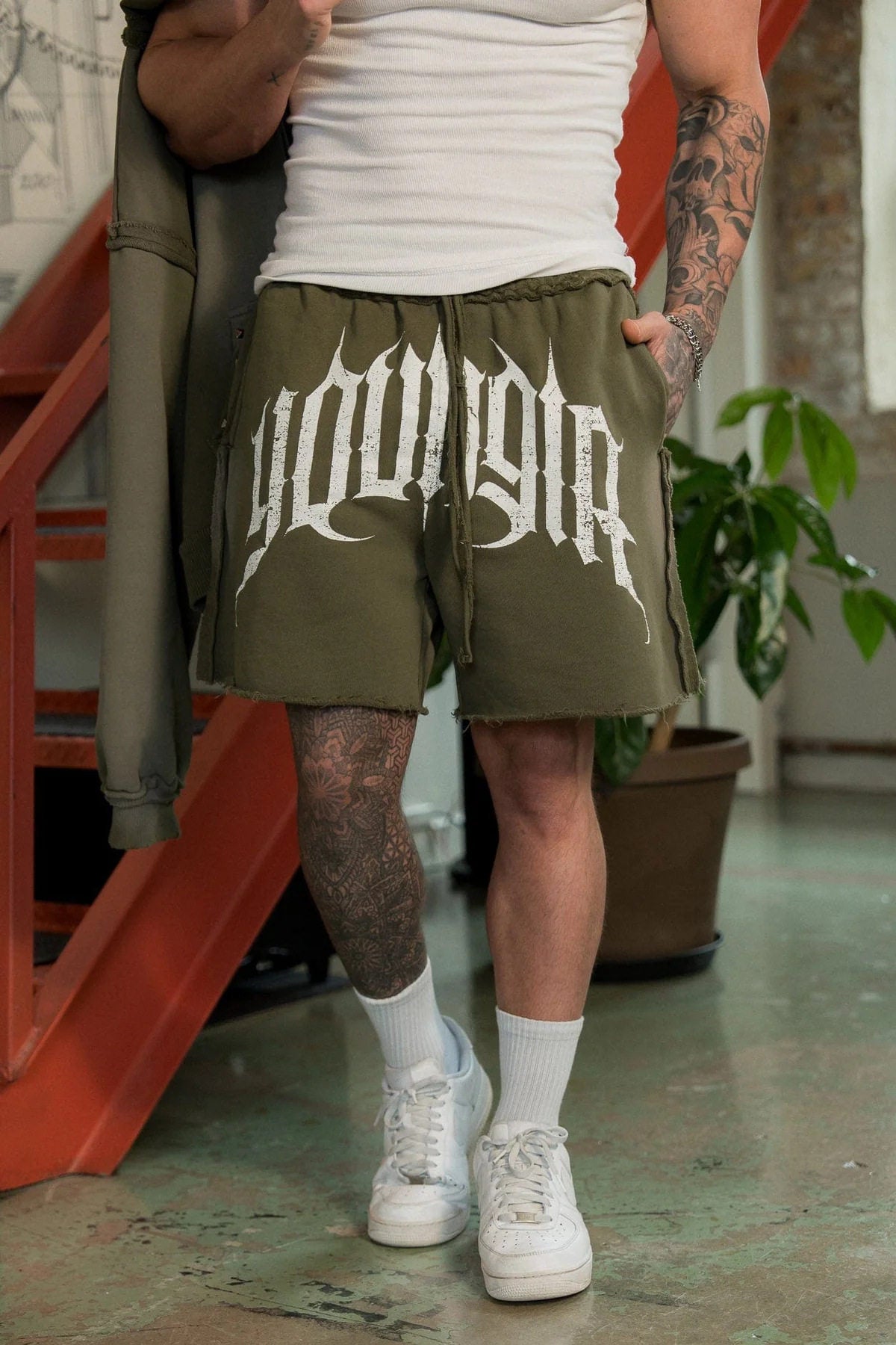YoungLA Olive Gothic Distressed Gym Shorts