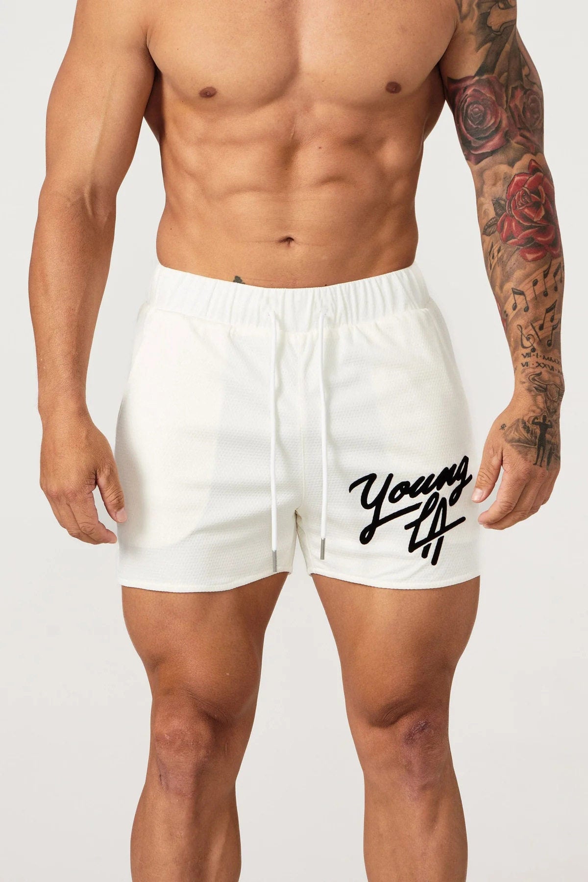 YoungLA White Script Logo Gym Shorts