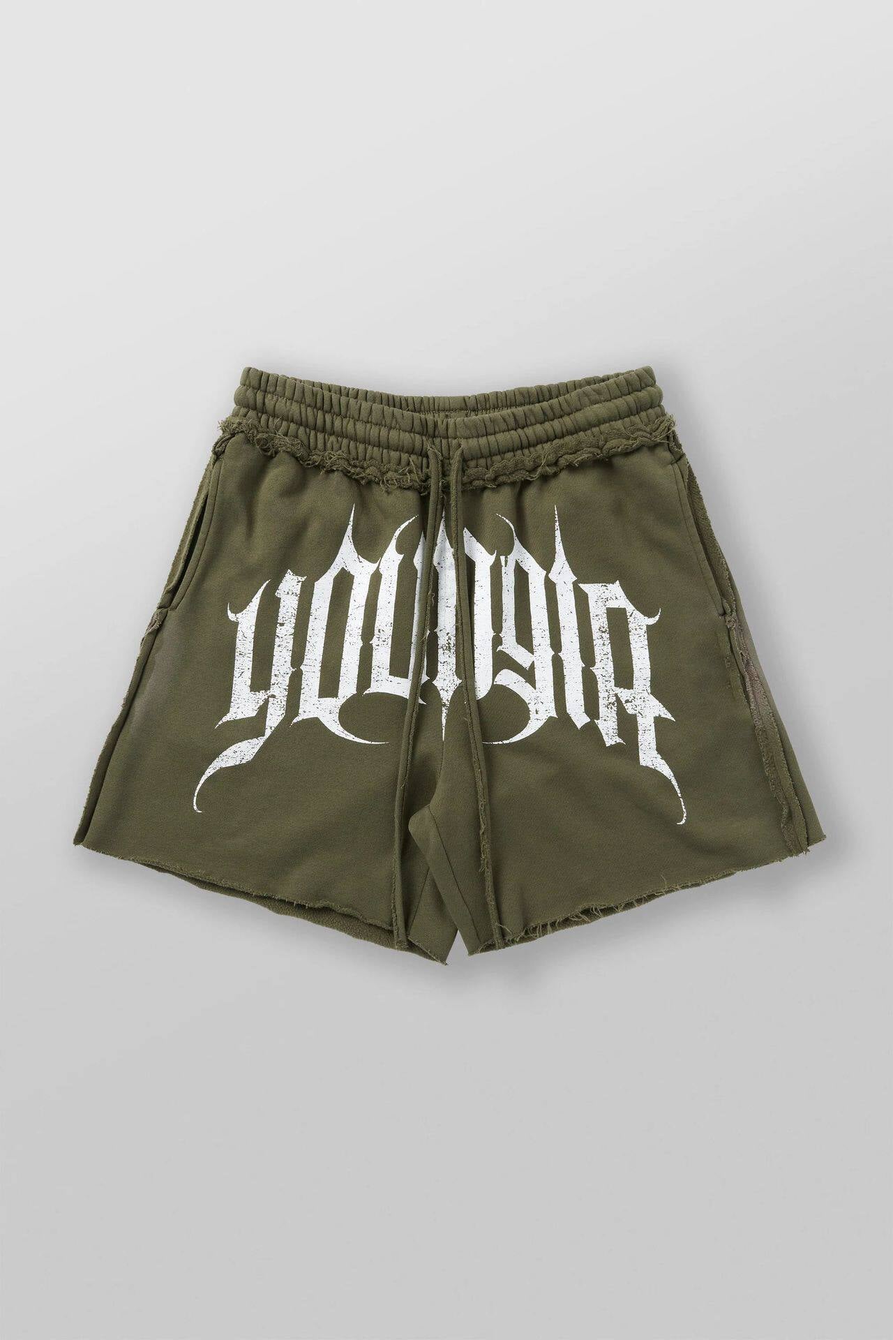 YoungLA Olive Gothic Distressed Gym Shorts